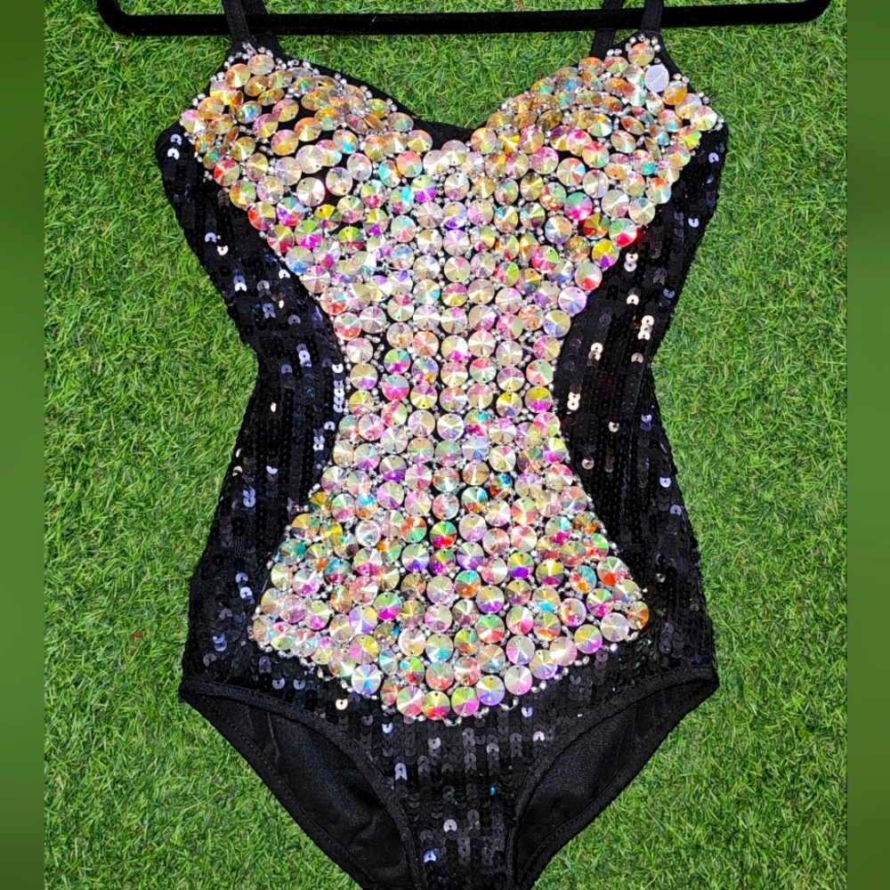Rhinestone Sequin Embellished Black Bodysuit